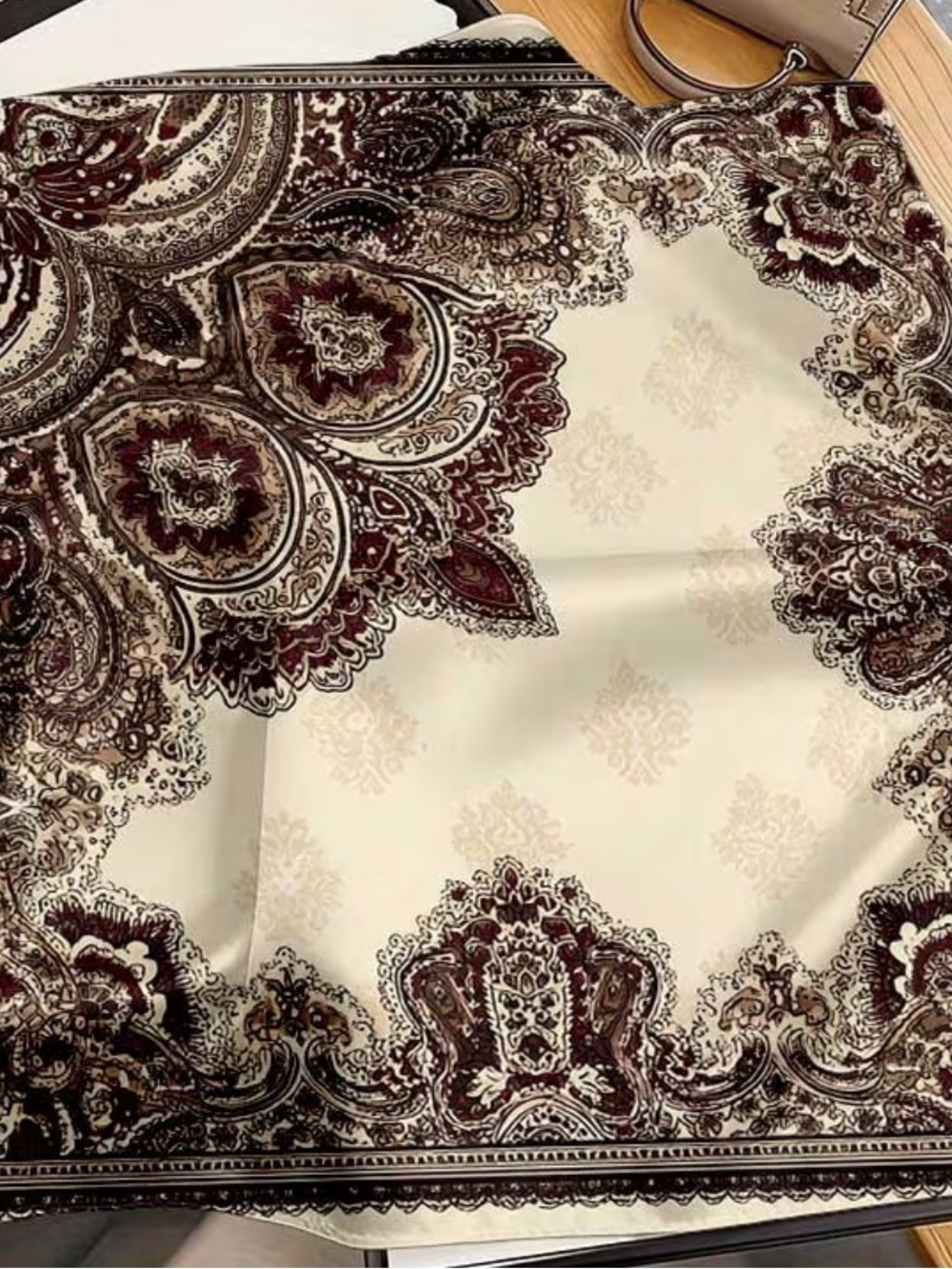 Elegant Cream and Burgundy Paisley Silk-Feel Scarf